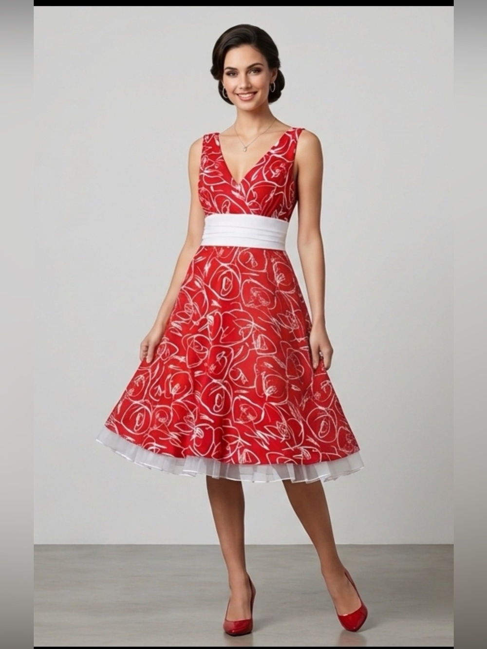 Party Red V-Neck Floral Fit Flare tulle Dress size S White Waistband Stretchy